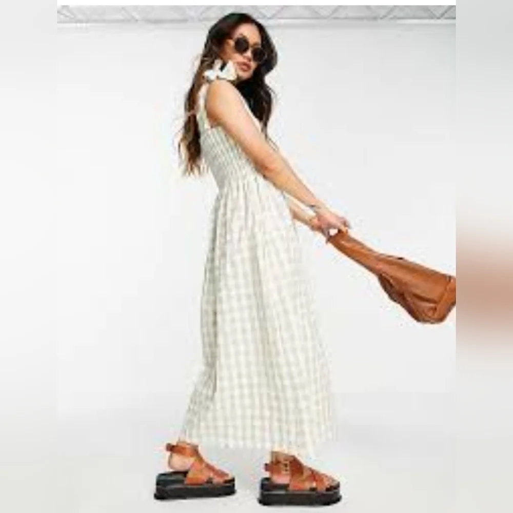 Mango Women's Shirred Searsucker Sundress | Sage Gingham | Medium - Picture 2 of 7
